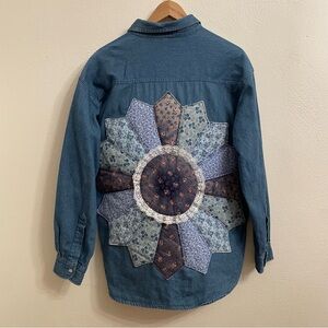 Denim Jacket with Blue Floral Patchwork Sunburst